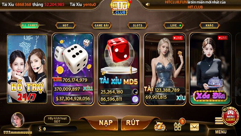 Giao diện của cổng game HIT CLUB