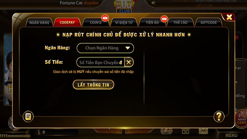 Hướng dẫn nạp tiền vào ví HIT CLUB