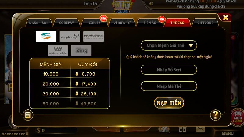 Nạp tiền HIT CLUB bằng thẻ cào