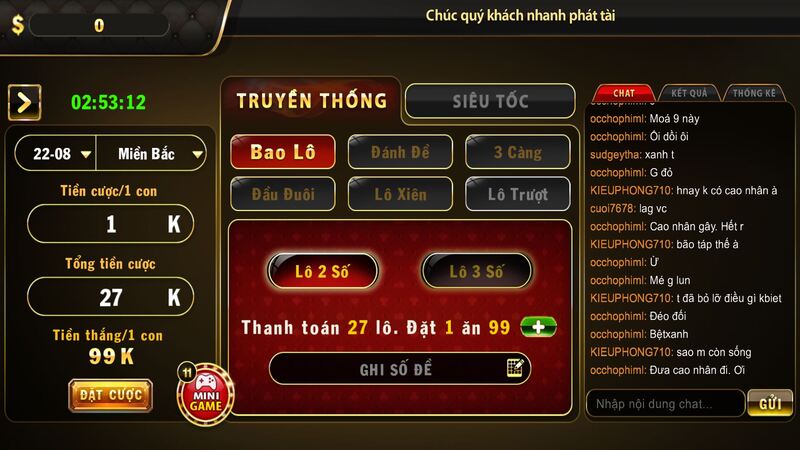 Giao diện đánh Lô đề HITCLUB online