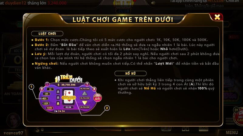 Luật chơi Minigame Trên Dưới tại HITCLUB từ A đến Z