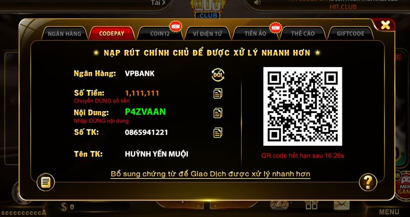 Hướng dẫn nạp tiền HIT CLUB bằng CodePay