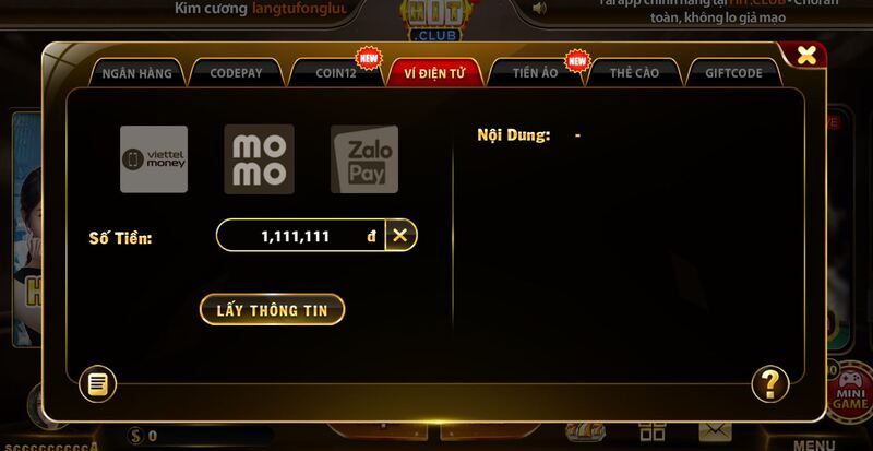 Hướng dẫn nạp tiền HIT CLUB bằng ví điện tử