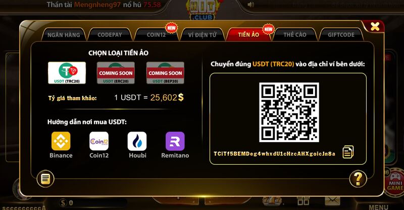 Hướng dẫn nạp tiền HIT CLUB bằng tiền ảo USDT