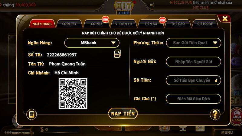 Hướng dẫn từng bước nạp tiền vào HIT CLUB bằng MB bank