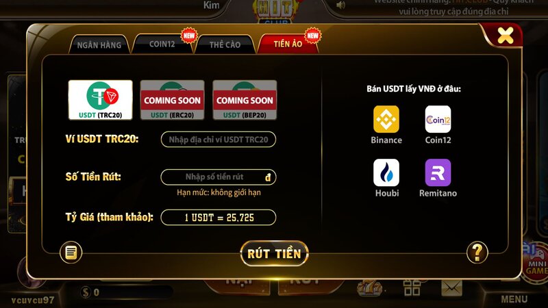 Hướng dẫn rút tiền game HIT CLUB bằng USDT